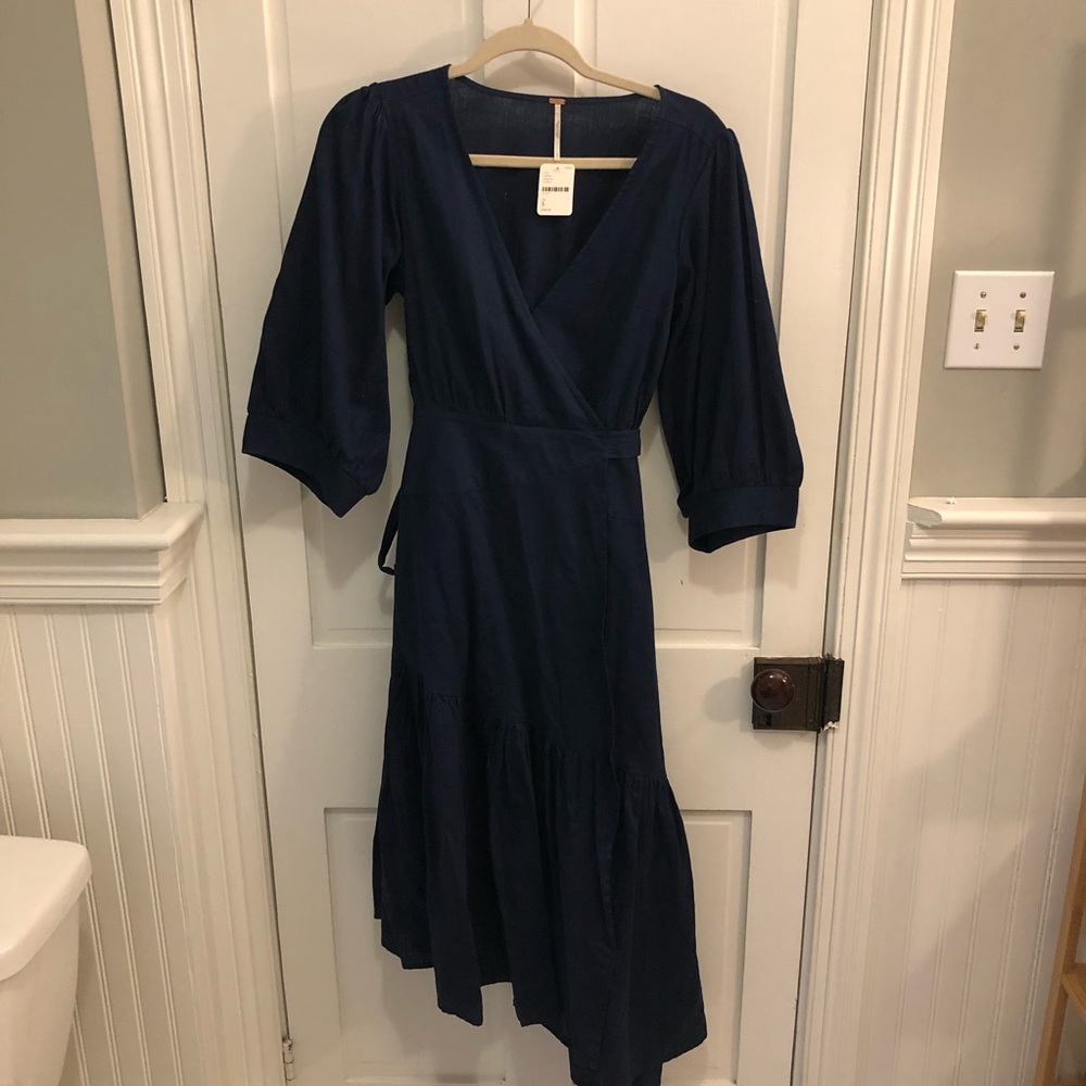 NEW FREE PEOPLE Navy Cotton Midi Wrap Dress Sz S